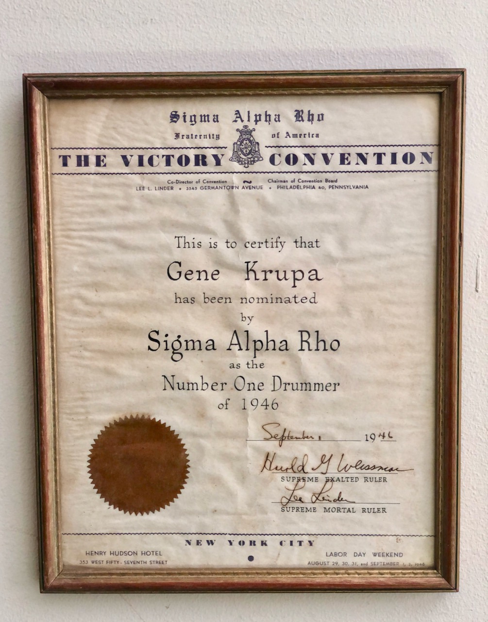 Gene Krupa's Sigma Alpha Rho Award